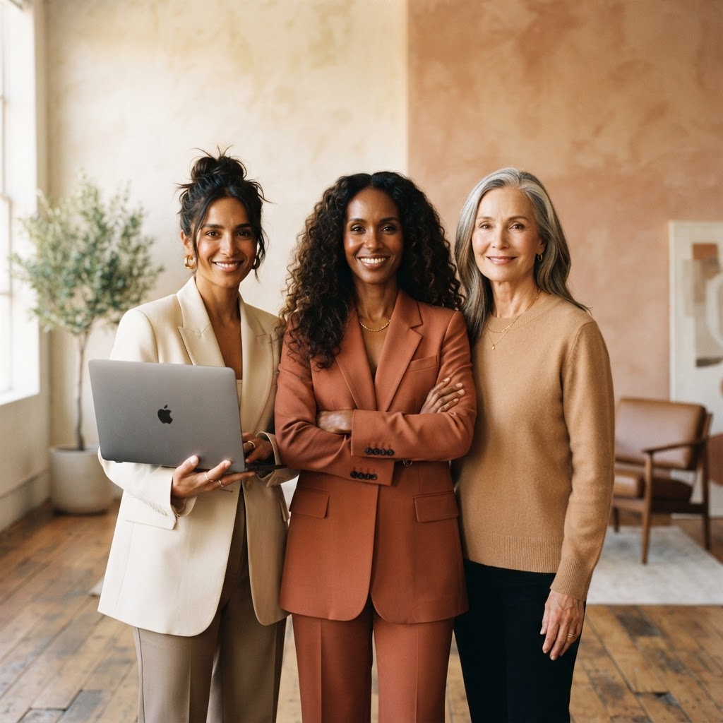 Three women standing together, at work and in charge